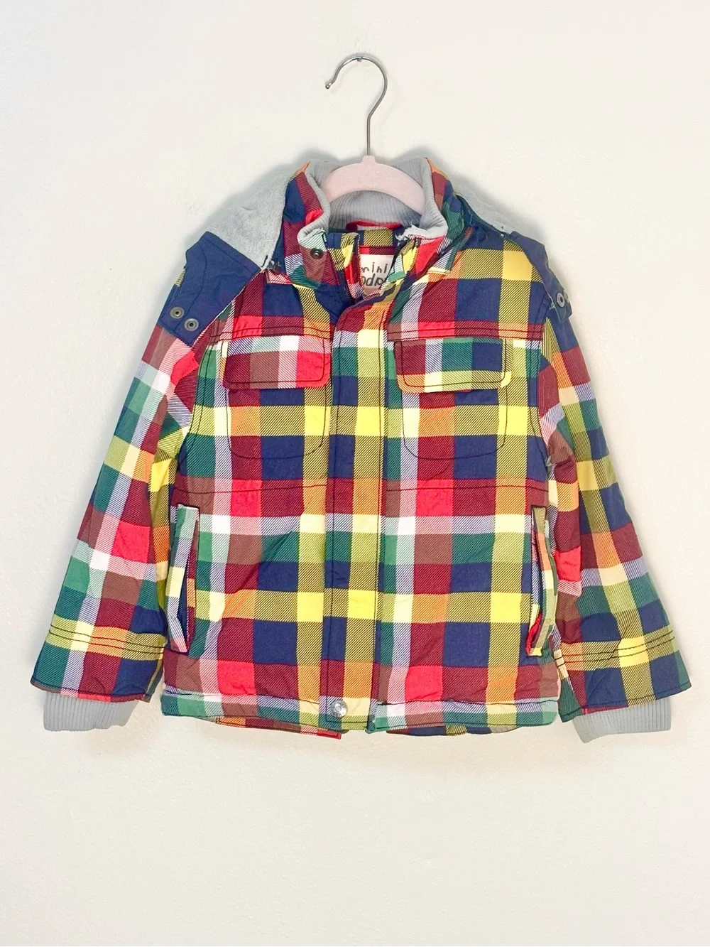 Mini Boden Multicolor Plaid Hooded Jacket Size 3-4 Fall Winter Coat Boys Girls